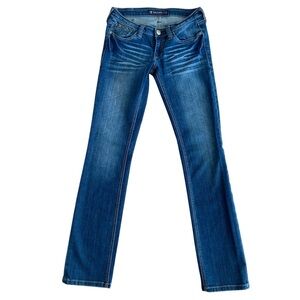 Pepe jeans low rise flap pockets crystal, embroidery& studded blue denim size 27